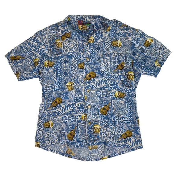Roundy Bay Men's Hawaiian Shirt All Over Print Guitar Drums Music Floral L Blue - Picture 1 of 4